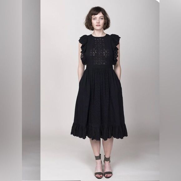 Ulla Johnson Bea Black  Midi Dress Embroidered  Ruffles Sleeve Sz 8 NWT - Picture 3 of 17